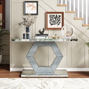 Glam Mirrored Entryway Console Table, Art Deco Hallway Table with Crystal Hexagon Base for Modern Foyer, Living Room or Behind Sofa - Panipeachy - 1 of 4