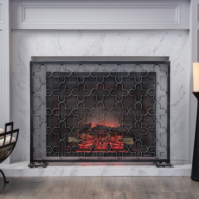 VYNXARIA Modern Single Panel Iron Fireplace Screen, Black Brushed Silver