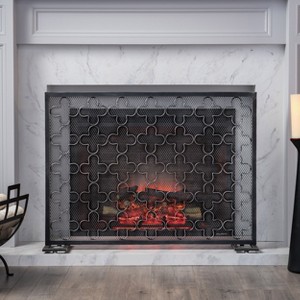 VYNXARIA Modern Single Panel Iron Fireplace Screen, Black Brushed Silver - 1 of 4