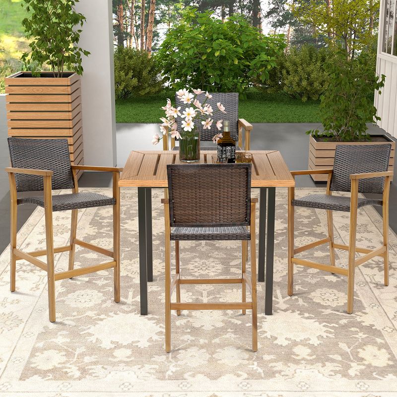 Tangkula Patio Rattan Bar Stool Set of 2 Outdoor PE Wicker Bar Chairs w/ Armrests & Sturdy Footrests, 5 of 10