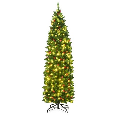 Costway 6.5Ft Pre-lit Hinged Pencil Christmas Tree w/Pine Cones Red Berries & 250 Lights