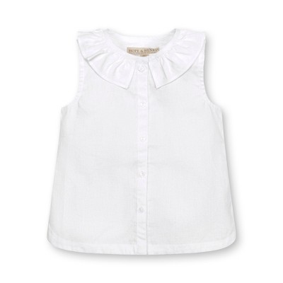 Image of Hope & Henry Girls' Sleeveless Ruffle Collar Chambray Button Back Top, White Linen, 3-6 Months