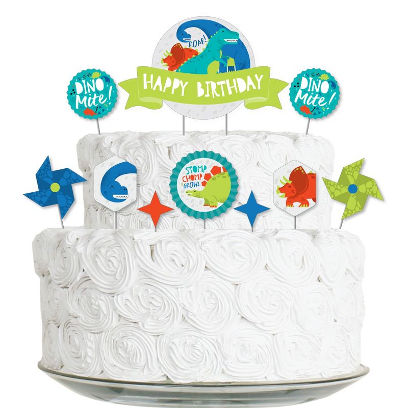 Big Dot of Happiness Roar Dinosaur - Dino Mite Trex Birthday Party Cake Decorating Kit - Happy Birthday Cake Topper Set - 11 Pieces, 1 of 7