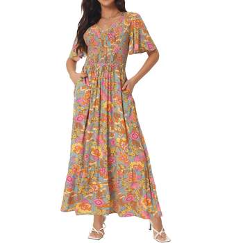 Seta T Women's Summer Casual Floral Short Flutter Sleeve V Neck Smocked High Waist Flowy Maxi Dress