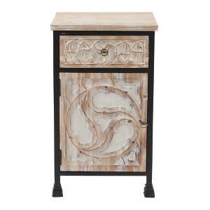 LuxenHome Black Metal Frame and Carved Wood 1-Door 1-Drawer End Table with Storage Brown - 1 of 4