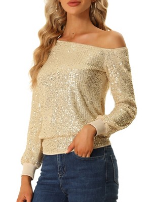 Allegra K Women's Sequin Party Sparkly Glitter Long Sleeve Off Shoulder Top