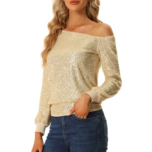 Womens Gold Sequin Top Long Sleeve V-Neck Shiny Metallic Sparkly