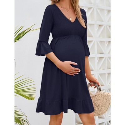 Maternity Women 3/4 Sleeve Smocked V Neck Dress Fall Casual Boho Flowy Ruffle Midi Dress for Baby Shower Photoshoot