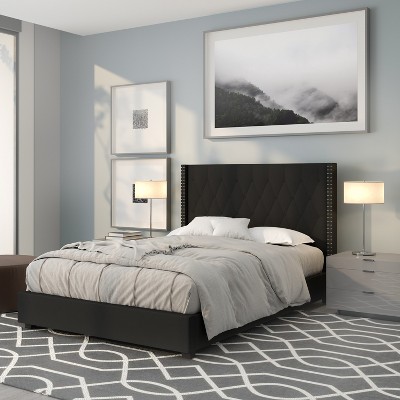 Elegant Full-Size Black Upholstered Platform Bed with Nailhead Trim