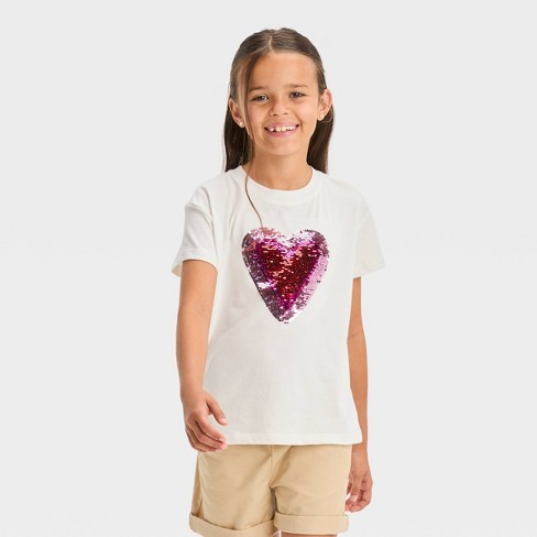Girls' Flip Sequin 'Heart' Short Sleeve Graphic T-Shirt - Cat & Jack™ Cream  M