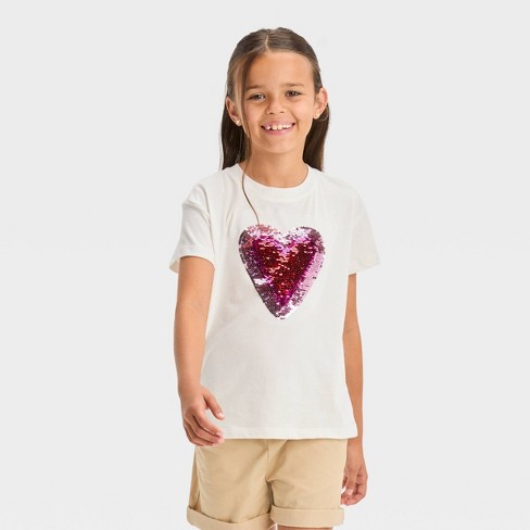 Girls Flip Sequin Heart Short Sleeve Graphic T Shirt Cat Jack Cream M