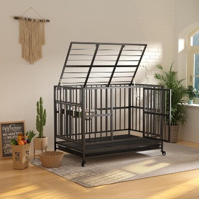Gulches 43" Heavy Duty Dog Crate with Unique Air Lift Rod/Wheels/ 360¡ã & Adjustable 2 Bowls, Extra Medium Dog Crate