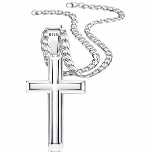 Cross Necklace, 5mm 316L Diamond - Cut Cuban Link Chain, Beveled - Edge Religious Pendant, 16 - 30'' Baptism Gift - 1 of 4