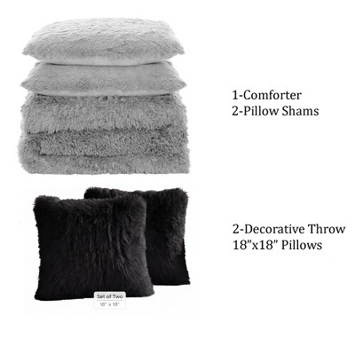 Sweet Home Collections 5 Piece Plush Shaggy Comforter Set Ultra Soft Luxurious Faux Fur & Velvet Bedding with Decorative Pillows, Queen, Silver — фото 2