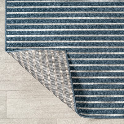 Ivory and Navy Striped Synthetic 4' x 6' Reversible Rug