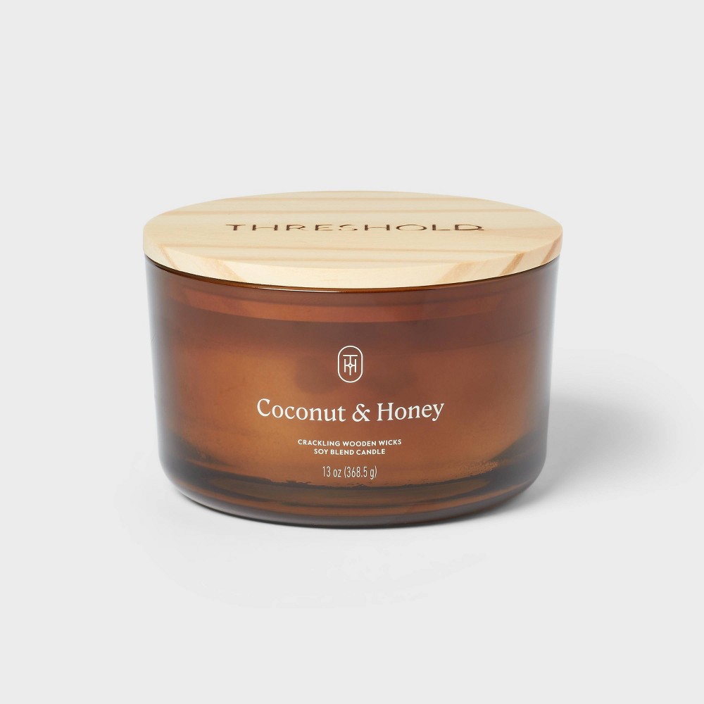 Photos - Other Decoration 3-Wick Amber Glass Wooden Wick Coconut and Honey Jar Candle 13oz - Threshold™