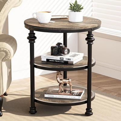 Homhougo Round End Table with Storage Shelves, 3-Tier Round Farmhouse Side Table w/Mental Support Legs, Rustic End Table Accent Nighstands Dark Oak