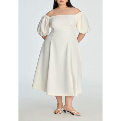 ELOQUII Women's Plus Size Off The Shoulder Puff Sleeve Midi Dress
