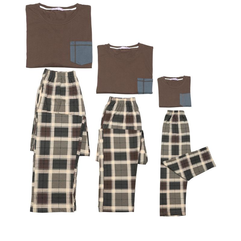 cheibear Sleepwear Long Sleeve with Pants Brown Plaid Family Pajama Sets, 3 of 5