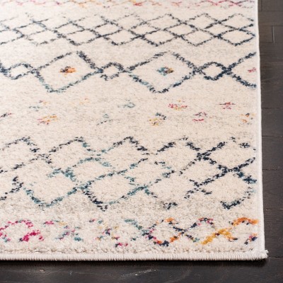 Ivory and Dark Blue Geometric Synthetic Square Rug