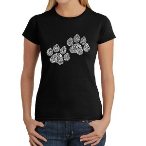 LA Pop Art Women's Word Art T-Shirt - Woof Paw Prints - 1 of 4