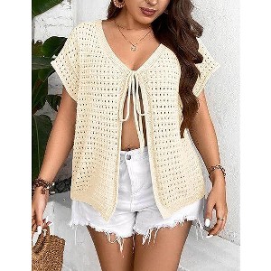 Coolmee Women's Crochet Shrug Sweater Tie Front Knit Bolero Shrug Cropped - 1 of 4