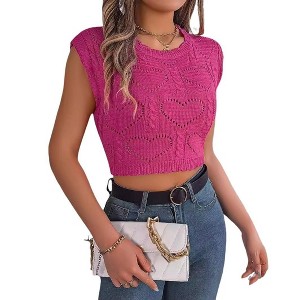 BLUEMING Womens Knit Sweater Cropped Tank Tops Pleated Neck Crochet Heart Hollow Out Sleeveless Going Out Tops - 1 of 4