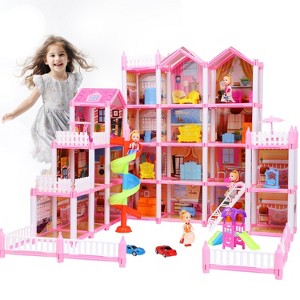 Skirfy Dollhouse, 20 Rooms Playhouse with 4 Dolls Playset with Furniture&Light Strip& Rotating Slide, Gift Toy for Kids - 1 of 4