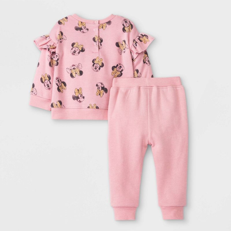 Baby Girls' 2pc Minnie Mouse Long Sleeve Fleece Top and Bottom Set - Pink, 2 of 8