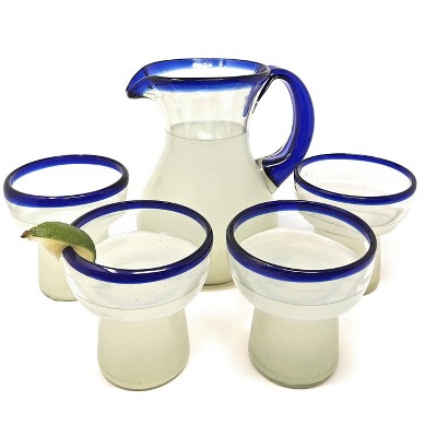 Dos Sueños Mexican Hand Blown Glassware Combo Set - Blue Rim Pitcher and Stemless Margarita Glasses