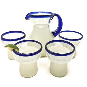 Dos Sueños Mexican Hand Blown Glassware Combo Set - Blue Rim Pitcher and Stemless Margarita Glasses - 1 of 4