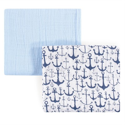 Yoga Sprout Baby Boy Cotton Muslin Swaddle Blankets, Blue Anchor, One Size