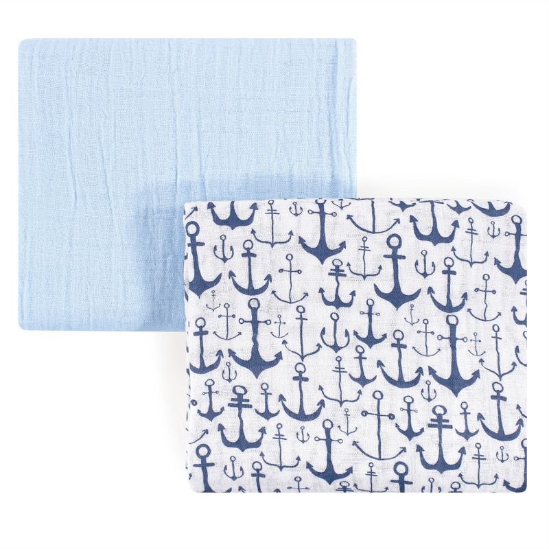 Yoga Sprout Baby Boy Cotton Muslin Swaddle Blankets, Blue Anchor, One Size, 1 of 2