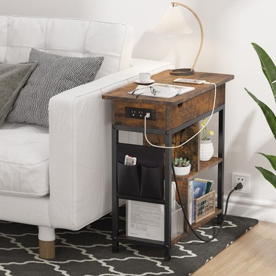 Rustic Brown Particle Board End Table with Charging Station and Storage