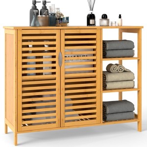Tangkula Bamboo Bathroom Cabinet 2-Door Storage Organizer w/ Shelves Natural - 1 of 4