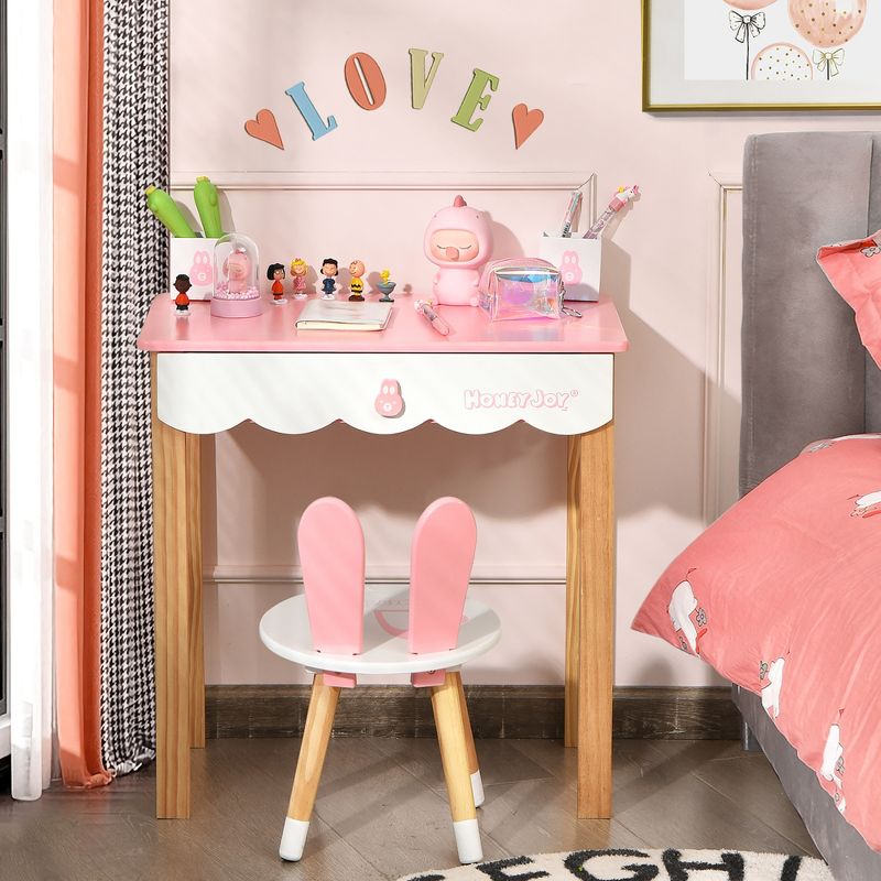 Costway Kids Vanity Set Rabbit Makeup Dressing Table Chair Set W/ Mirror Drawer White\Pink, 5 of 13