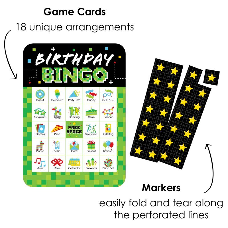 Big Dot of Happiness Game Zone - Picture Bingo Cards and Markers - Pixel Video Game Party or Birthday Party Bingo Game - Set of 18, 2 of 6