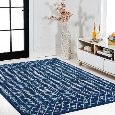 Navy and Cream Synthetic Moroccan Geometric 3' x 5' Area Rug