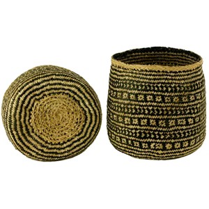 Handwoven Cylinder Storage Basket, Geometric Pattern, Seagrass and Rattan, White/Black & Natural, 13.7 Inch - 1 of 3