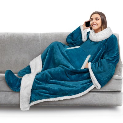 Pavilia Wearable Blanket With Sleeves And Foot Pockets, Fleece Warm Snuggle  Pocket Sleeved Throw For Women Men Adults, Plaid Navy/faux Shearling :  Target