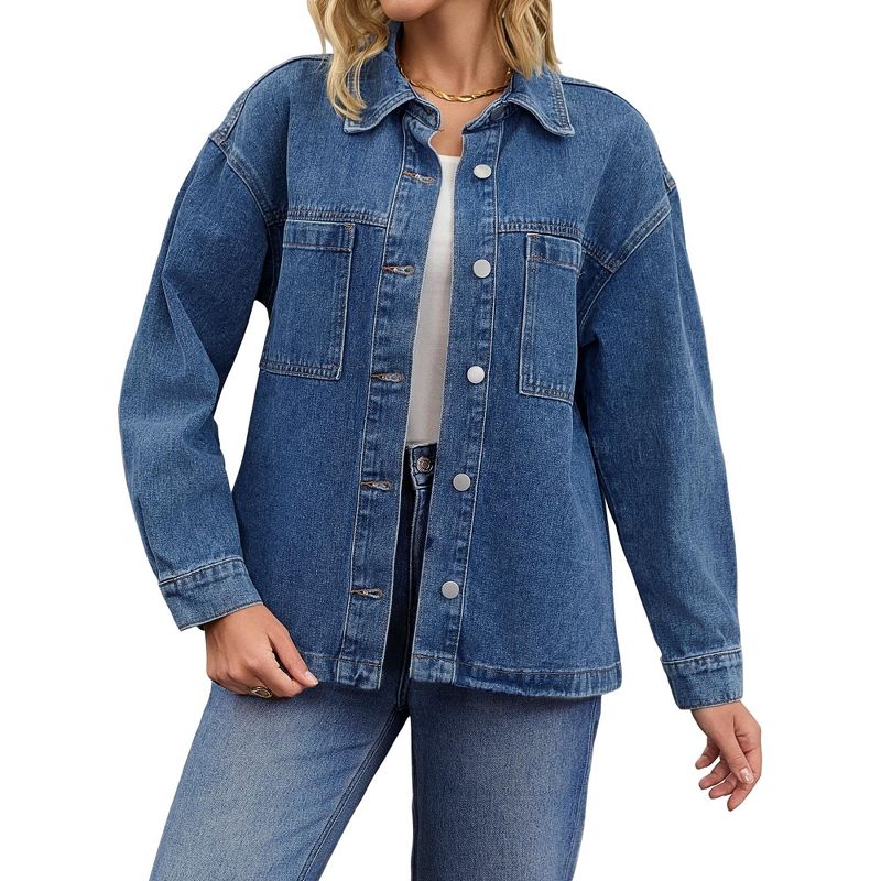 INSPIRE CHIC Women's Fall Button Up Turndown Collar Oversized Boyfriend Denim Jacket Dark Blue Small