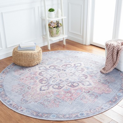 Ivory and Blue Round Washable Viscose Area Rug