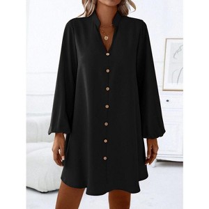 Coolmee Womens Button Down Shirt Dresses V Neck Pullover Shirt Dress Lantern Sleeve Loose Cauasal Tops Dress - 1 of 4