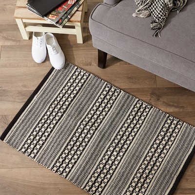 Handmade Black Cotton Stripe Rectangular Rug 2x3 ft