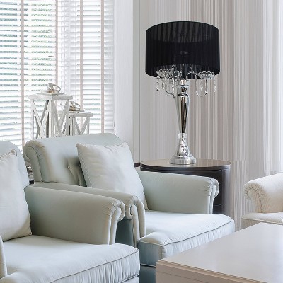 Romantic Sheer Shade Table Lamp with Hanging Crystals - Elegant Designs