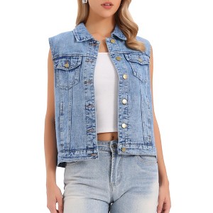 INSPIRE CHIC Women's Sleeveless Turndown Collar Button Down Chest Flap Pockets Washed Denim Vest - 1 of 4