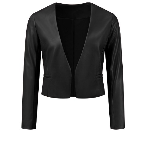 INSPIRE CHIC Women's Collarless Open Front Faux Pocket Faux Leather Crop Moto Jackets X-Small Black