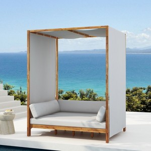 Scott Living Dara Outdoor Acacia Wood Daybed with Canopy and Curtains, Washable Cushions and Detachable Pillows - 1 of 4