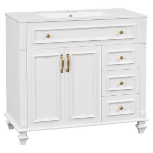 Gulches 36 Inches 1 Sink Freestanding White Bath Vanity with White Ceramic Top 3 Drawers 2 Soft Close Doors - 1 of 4