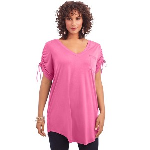 Roaman's Women's Plus Size Ruched Sleeve Ultra Femme Tunic - 1 of 4